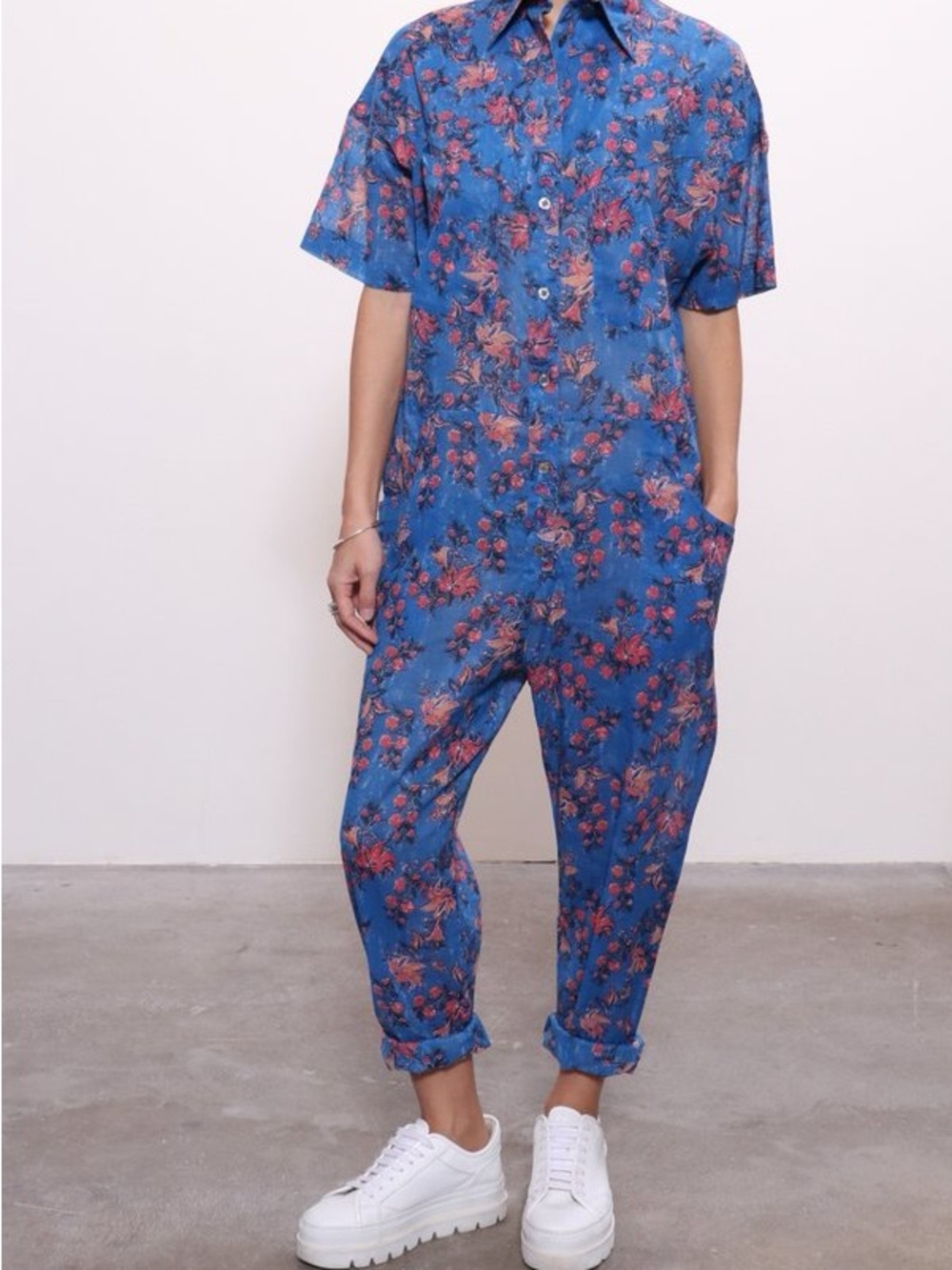 Blue Floral Short-Sleeve Button-Front Jumpsuit